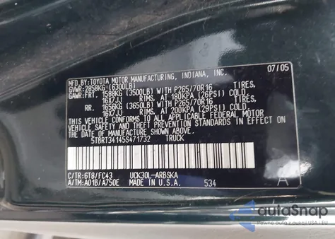 2005 Toyota Tundra Sr5 V8 z USA, uszkodzony, nr VIN 5TBRT34145S471732